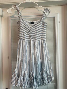 Aakaa Blue & White Striped Smocked Sundress